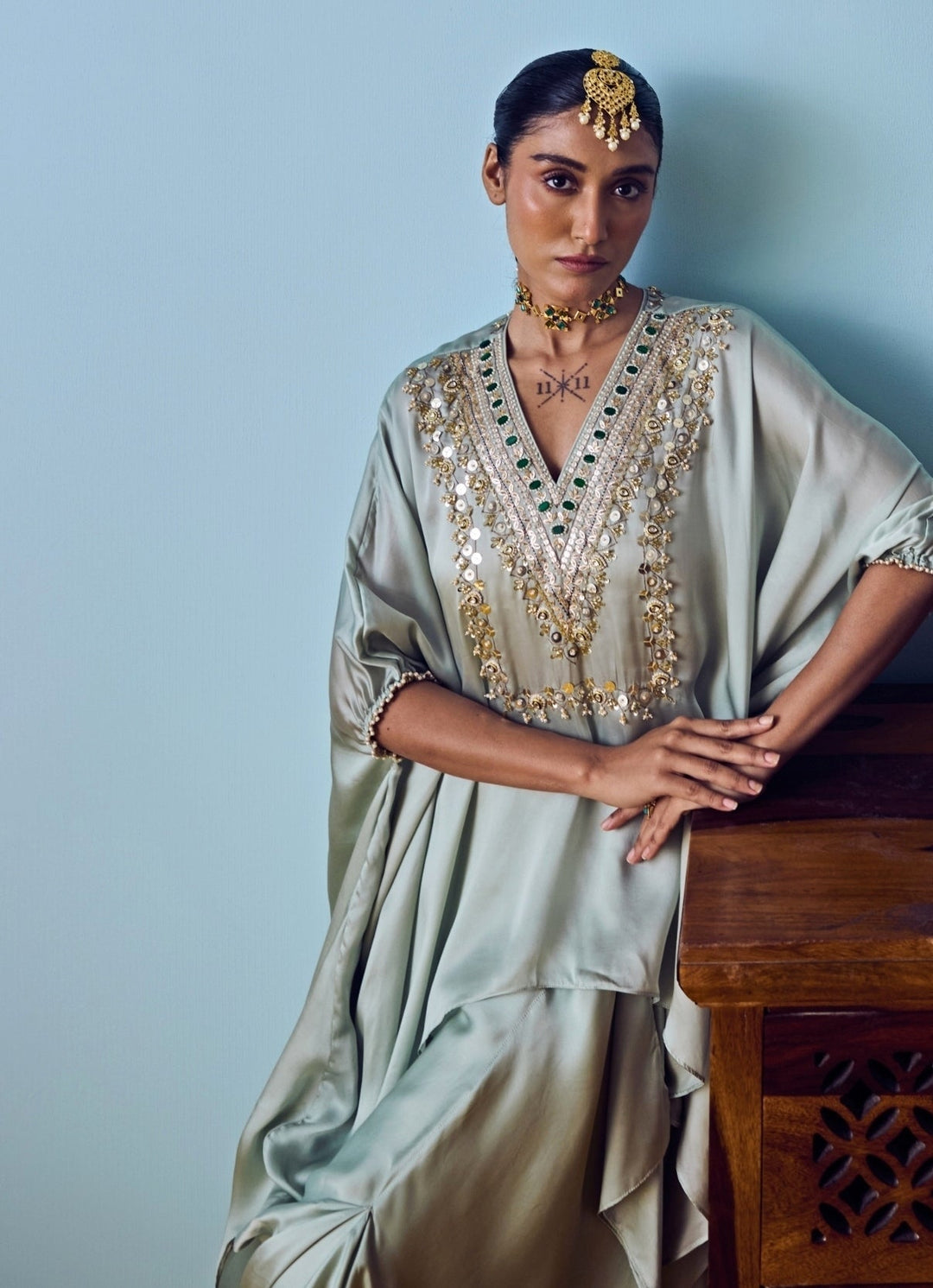 Muted Sage Green Satin Silk Tunic Drape Skirt Set Prahnaaya - Fabilicious Fashion