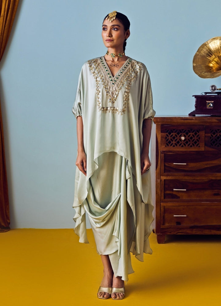 Muted Sage Green Satin Silk Tunic Drape Skirt Set Prahnaaya - Fabilicious Fashion