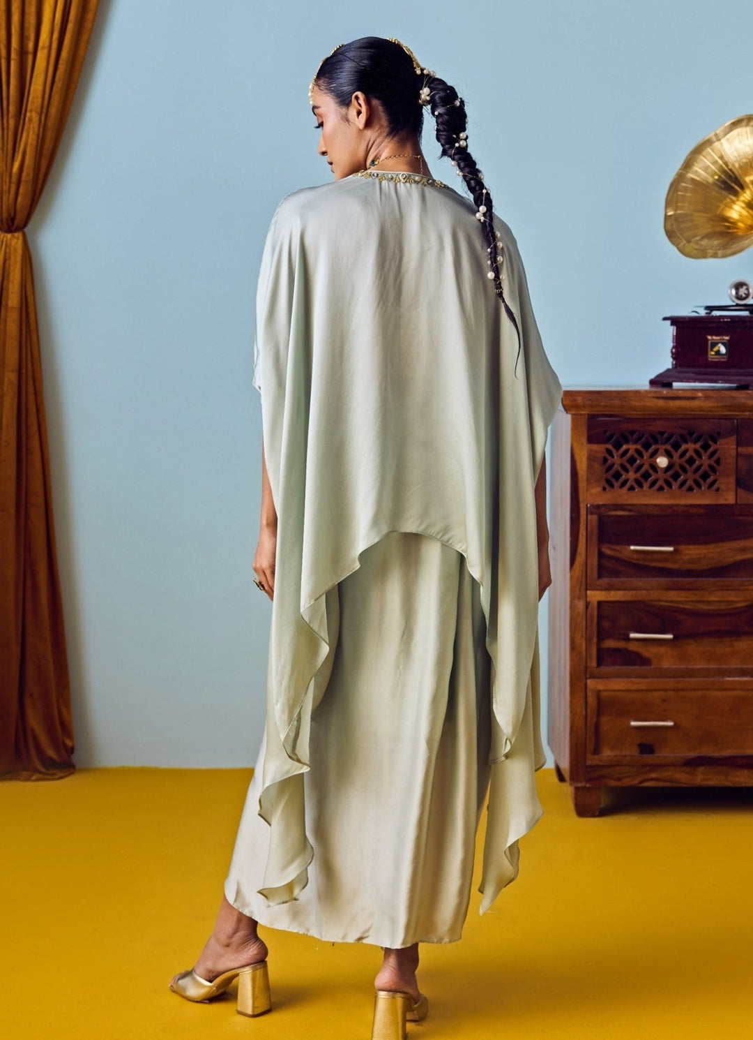 Muted Sage Green Satin Silk Tunic Drape Skirt Set Prahnaaya - Fabilicious Fashion