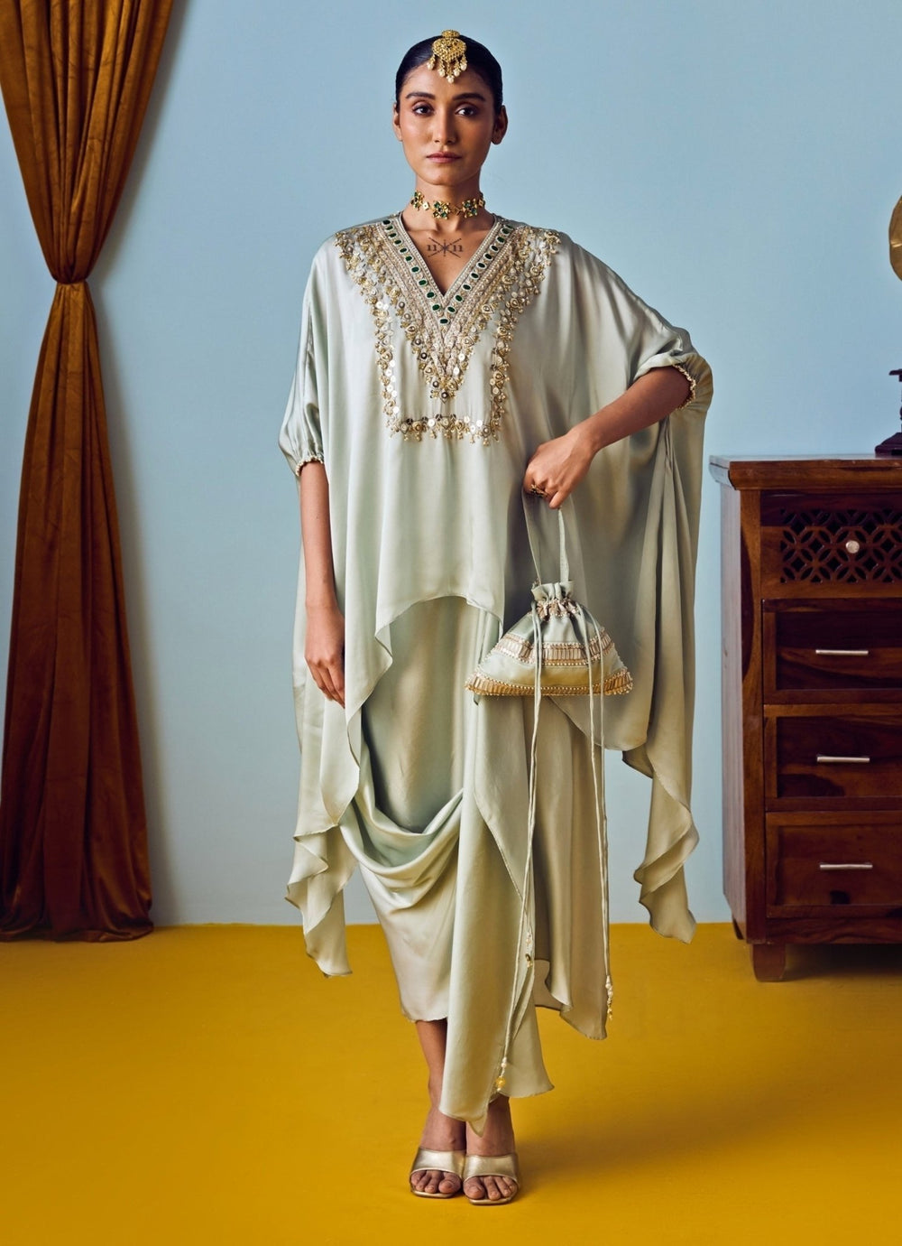 Muted Sage Green Satin Silk Tunic Drape Skirt Set Prahnaaya - Fabilicious Fashion