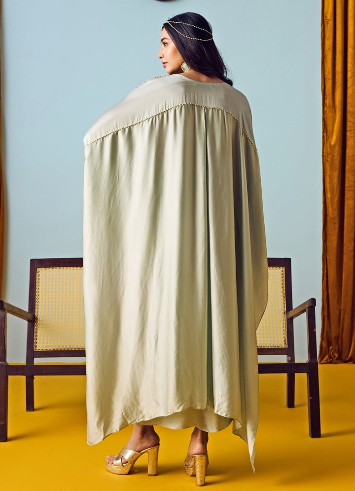 Muted Sage Green Satin Silk Wrap Skirt Set Prahnaaya - Fabilicious Fashion