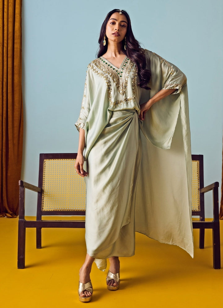 Muted Sage Green Satin Silk Wrap Skirt Set Prahnaaya - Fabilicious Fashion