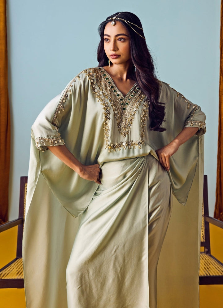 Muted Sage Green Satin Silk Wrap Skirt Set Prahnaaya - Fabilicious Fashion