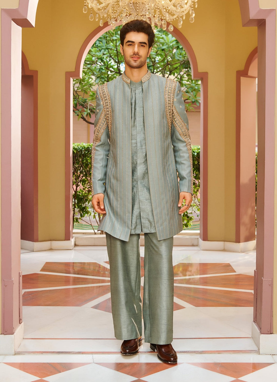 Muted Sage Green Silk Kurta Jacket Set Contrast By Parth - Fabilicious Fashion
