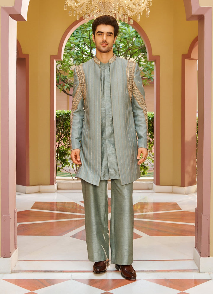 Muted Sage Green Silk Kurta Jacket Set Contrast By Parth - Fabilicious Fashion