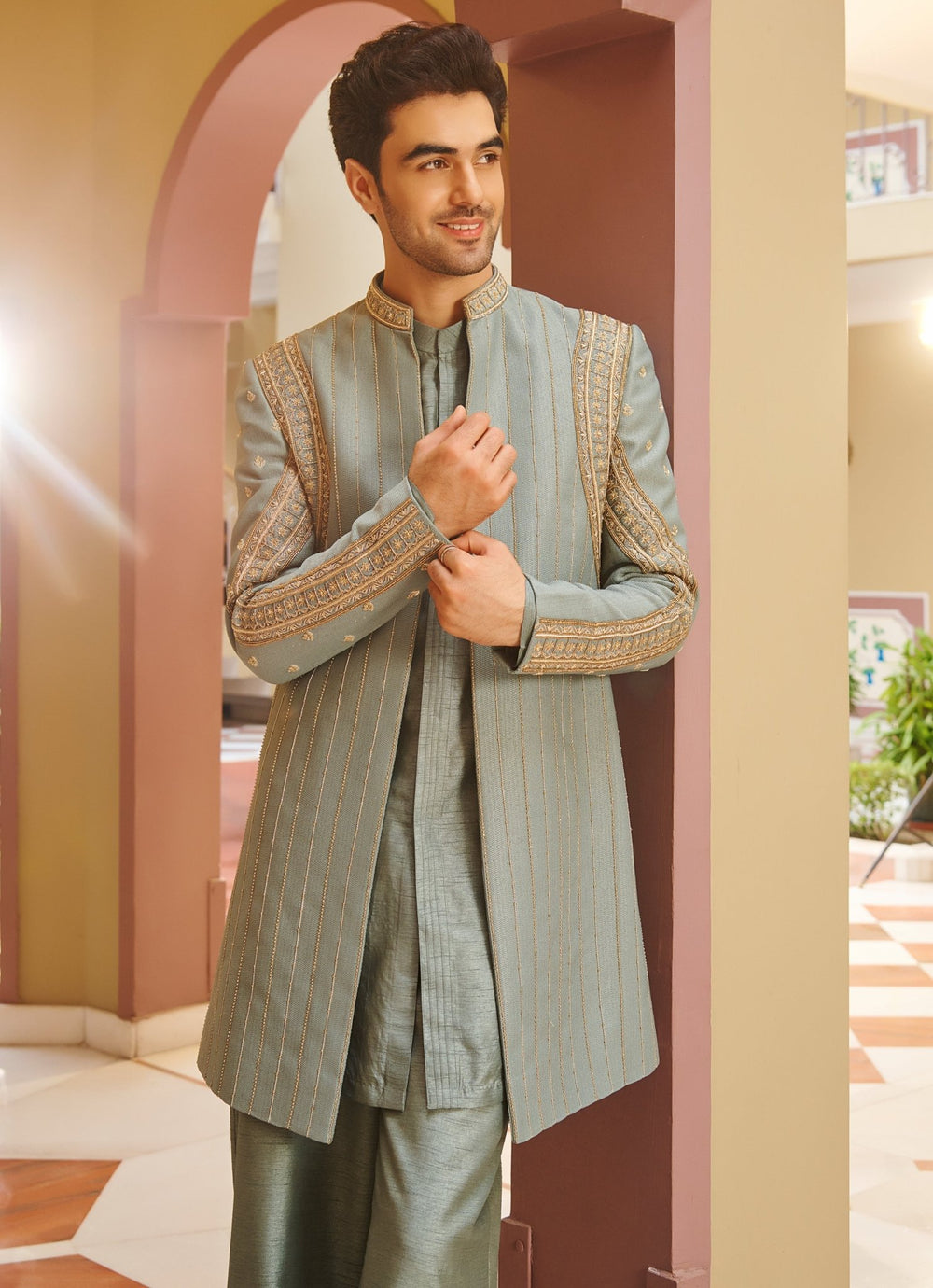 Muted Sage Green Silk Kurta Jacket Set Contrast By Parth - Fabilicious Fashion