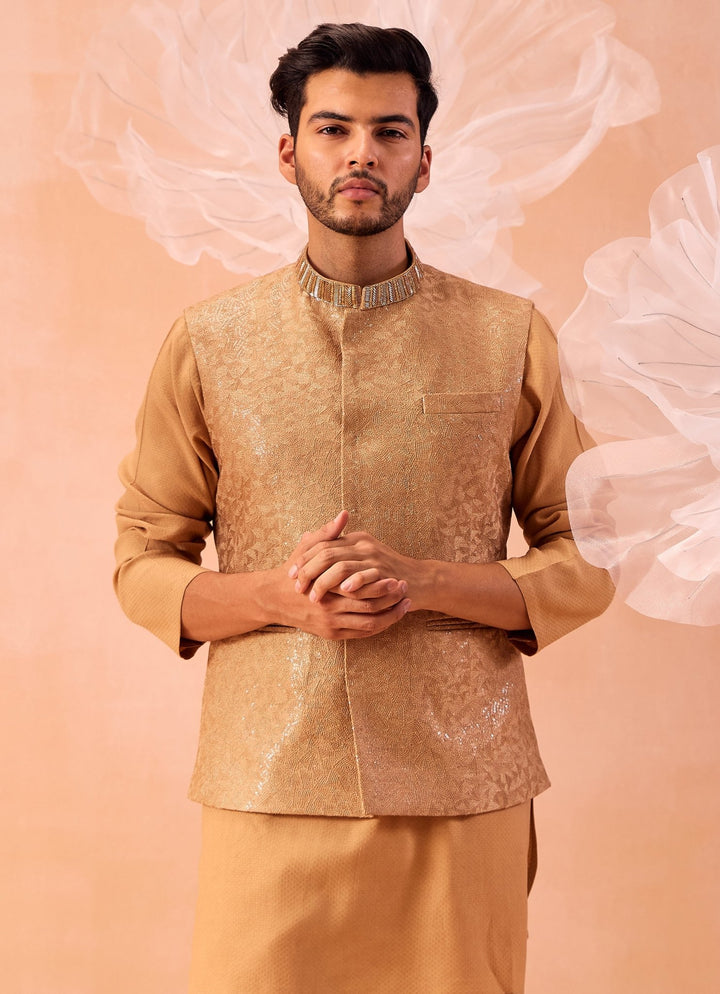 Muted Yellow Embroidered Bundi Kurta Set Contrast by Parth - Fabilicious Fashion
