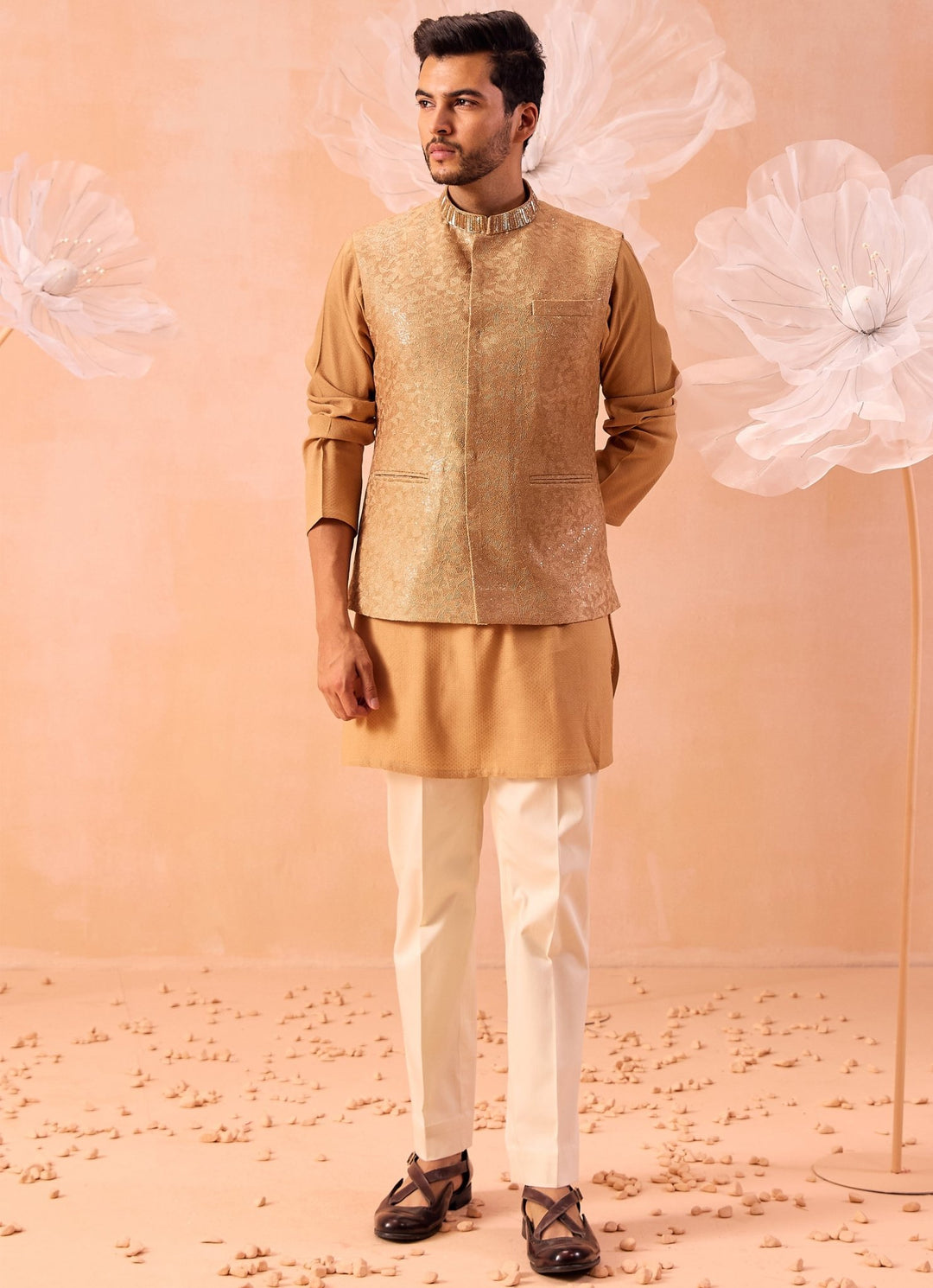 Muted Yellow Embroidered Bundi Kurta Set Contrast by Parth - Fabilicious Fashion
