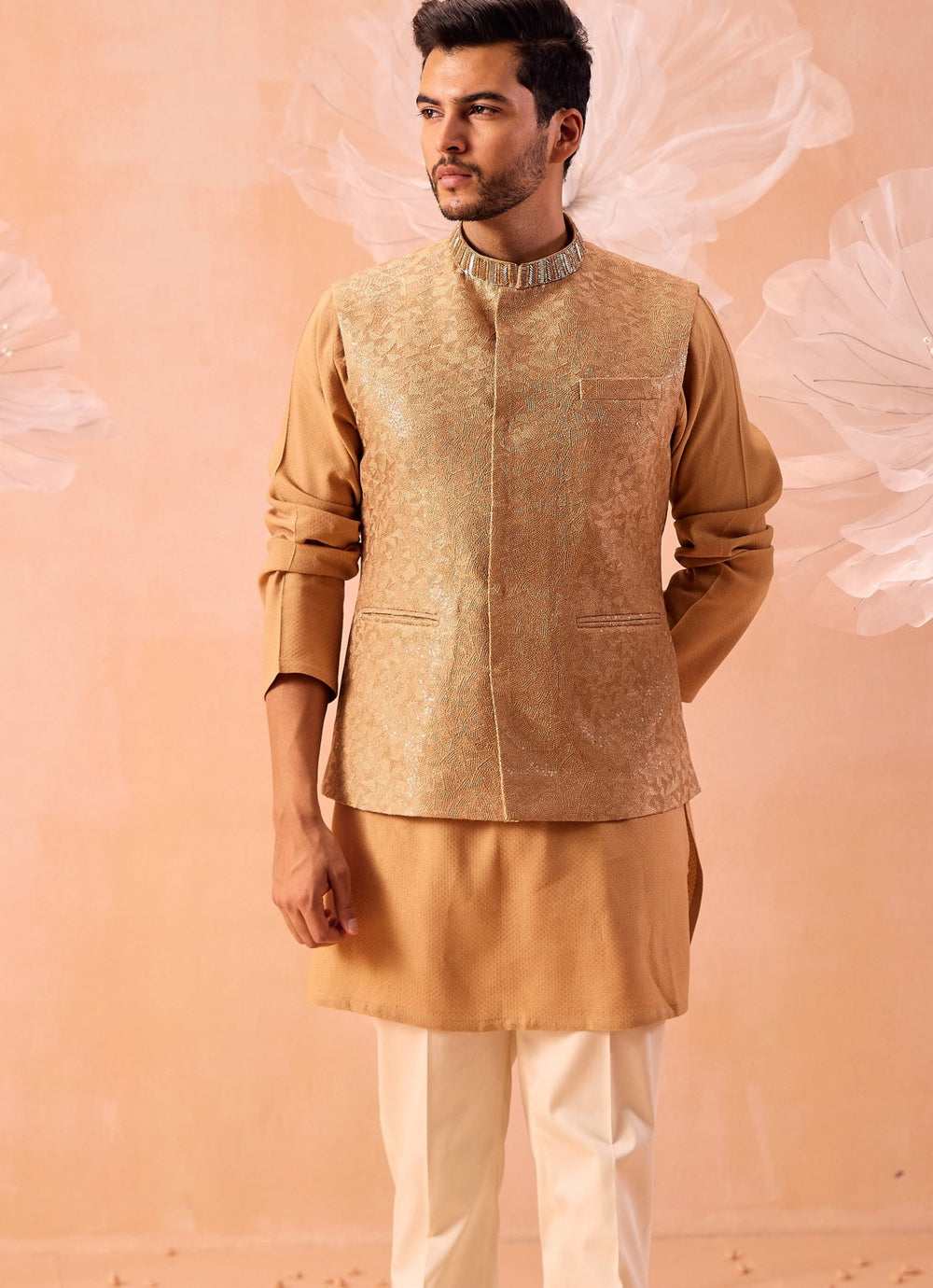 Muted Yellow Embroidered Bundi Kurta Set Contrast by Parth - Fabilicious Fashion