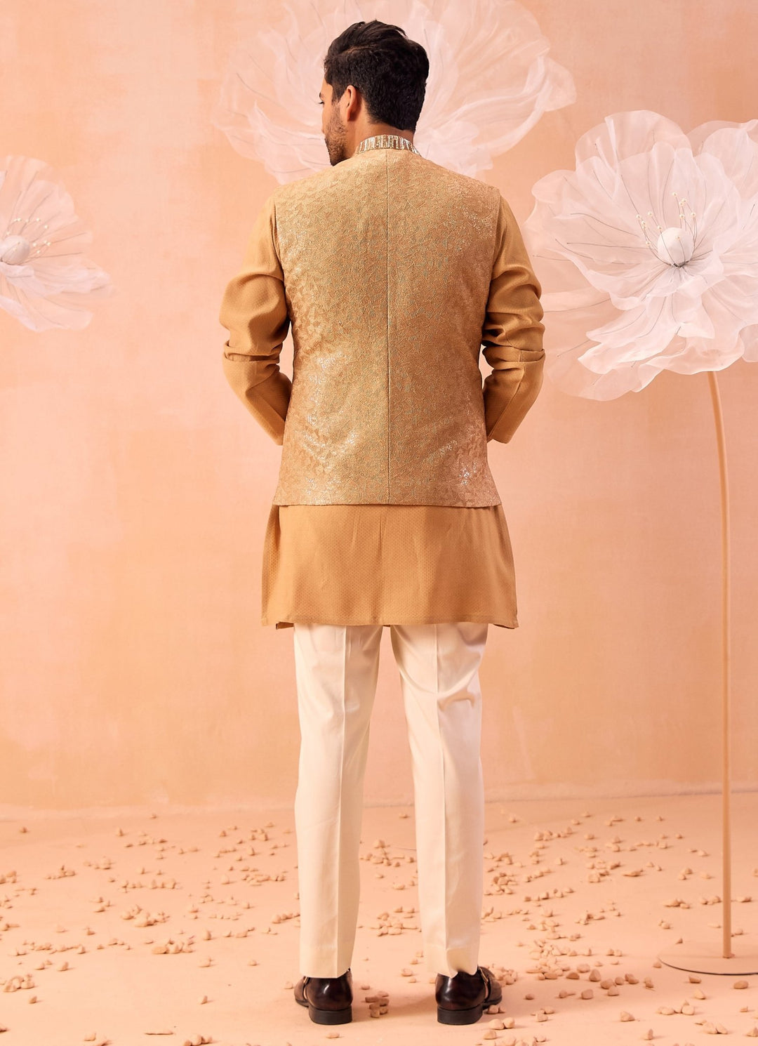 Muted Yellow Embroidered Bundi Kurta Set Contrast by Parth - Fabilicious Fashion