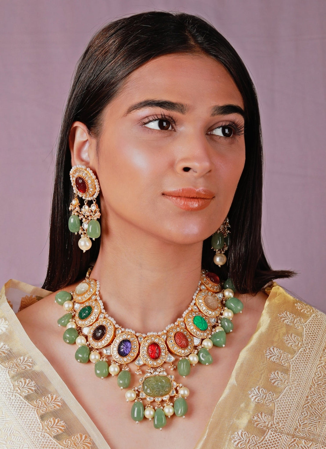 Navratna Choker Necklace Set Kalyani Indian Jewelry- Fabilicious