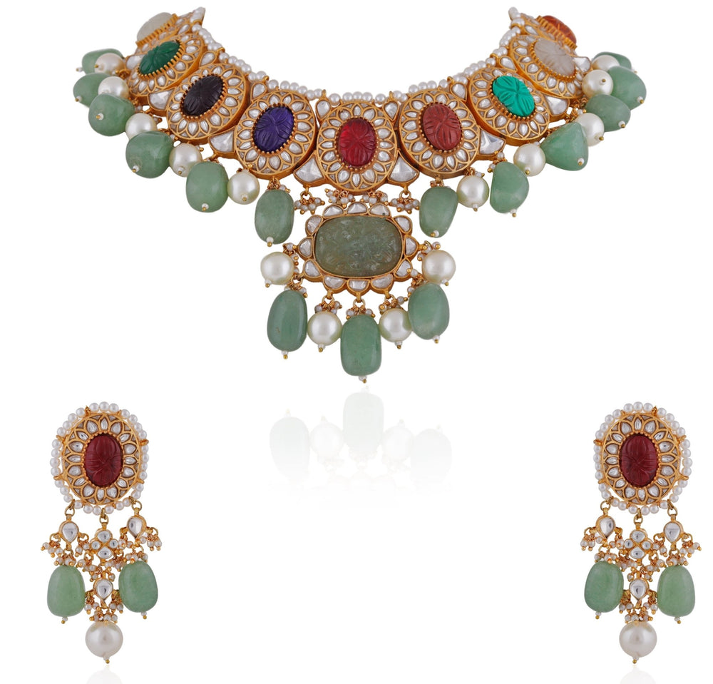 Navratna Choker Necklace Set Riana by Shikha Jindal - Fabilicious Fashion