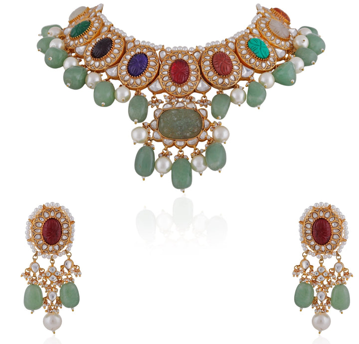 Navratna Choker Necklace Set Riana by Shikha Jindal - Fabilicious Fashion