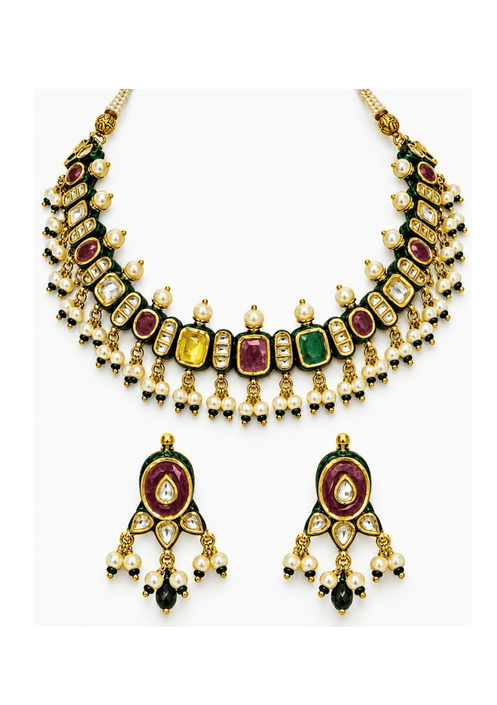 Vivinia By Vidhi Mehra Navratna Kundan And Pearl Necklace SetFabilicious Fashion