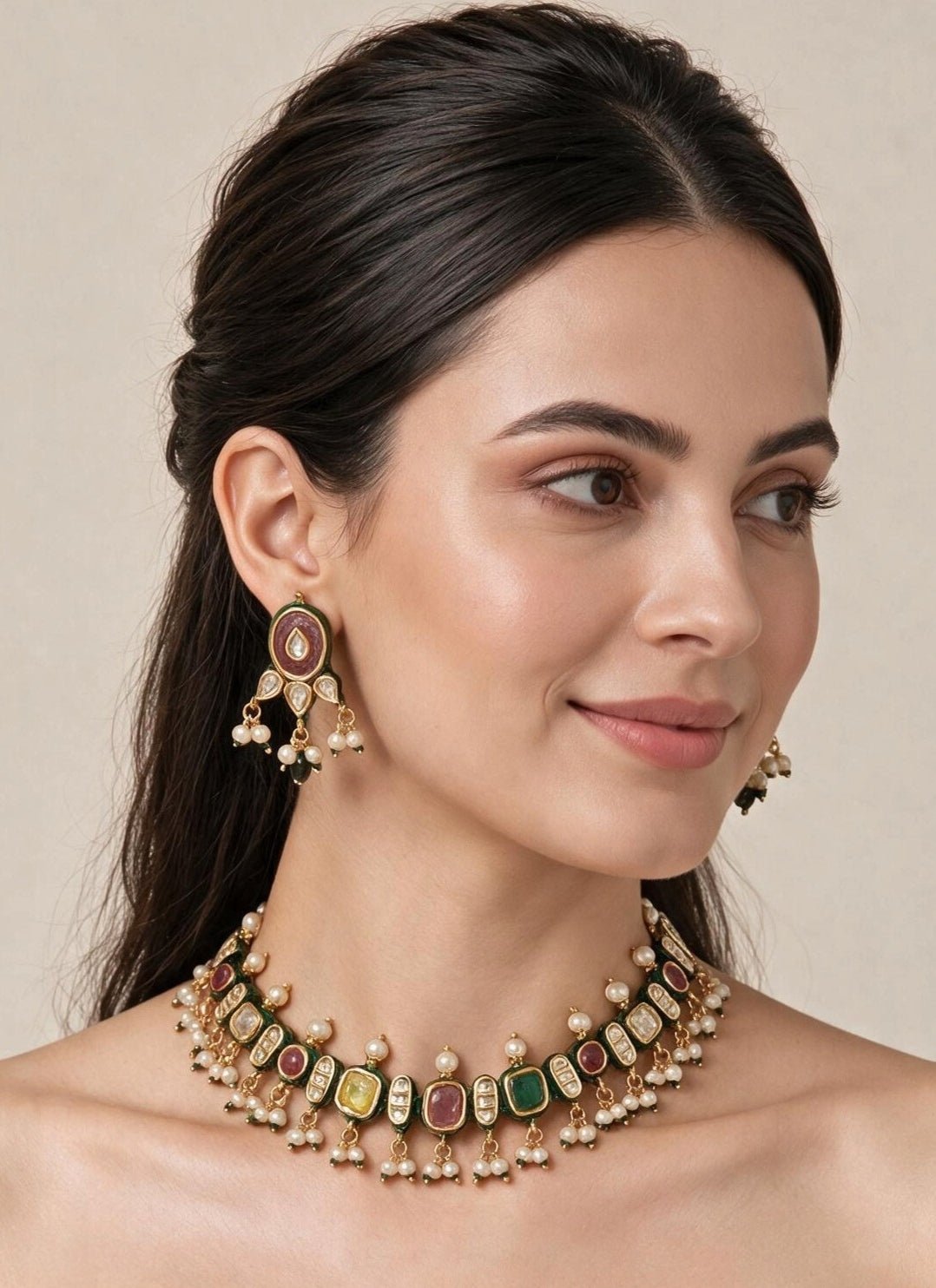 Vivinia By Vidhi Mehra Navratna Kundan And Pearl Necklace SetFabilicious Fashion