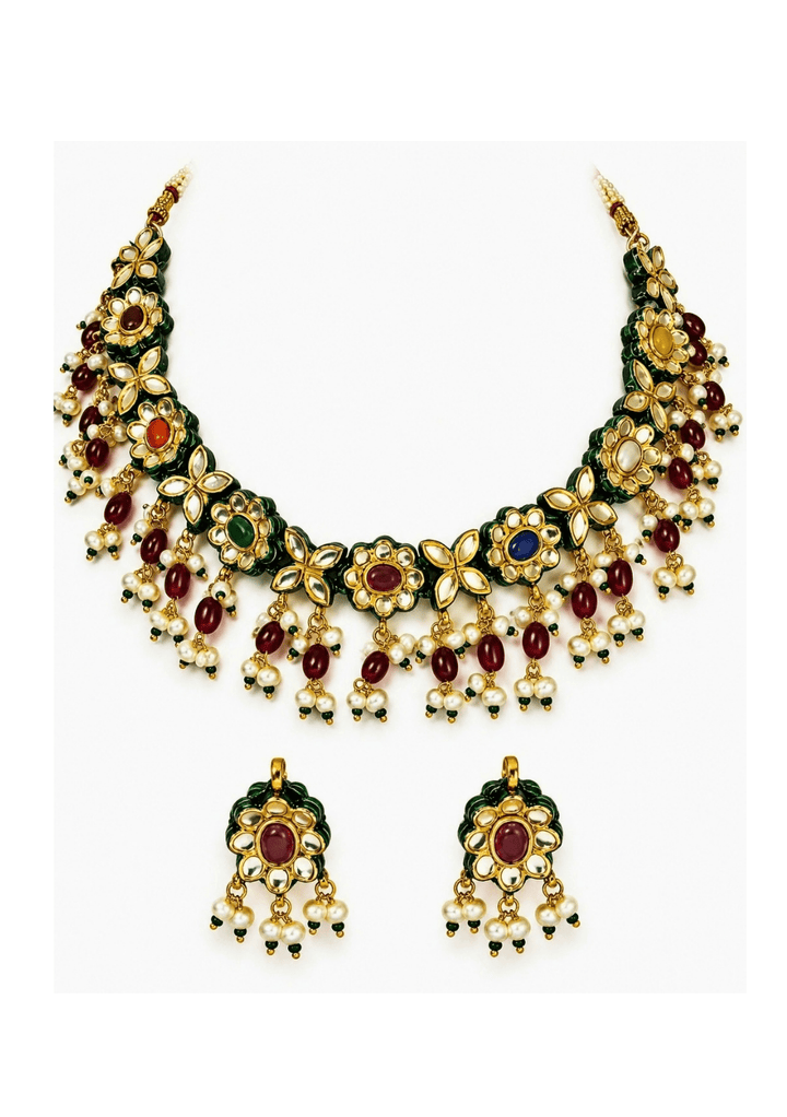 Vivinia By Vidhi Mehra Navratna Kundan Floral Necklace SetFabilicious Fashion