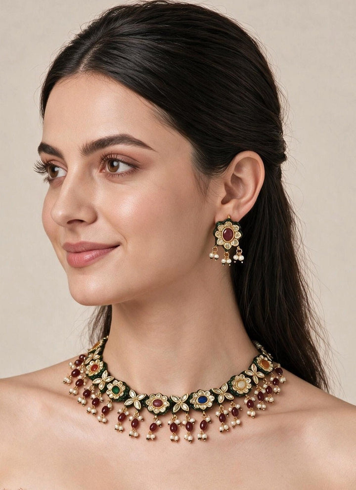 Vivinia By Vidhi Mehra Navratna Kundan Floral Necklace SetFabilicious Fashion
