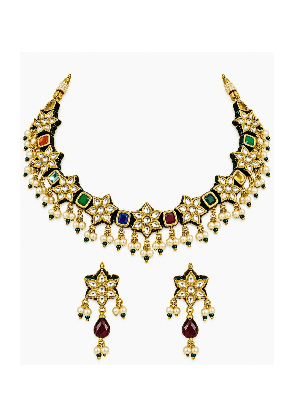 Vivinia By Vidhi Mehra Navratna Multicolour Kundan Floral Necklace SetFabilicious Fashion