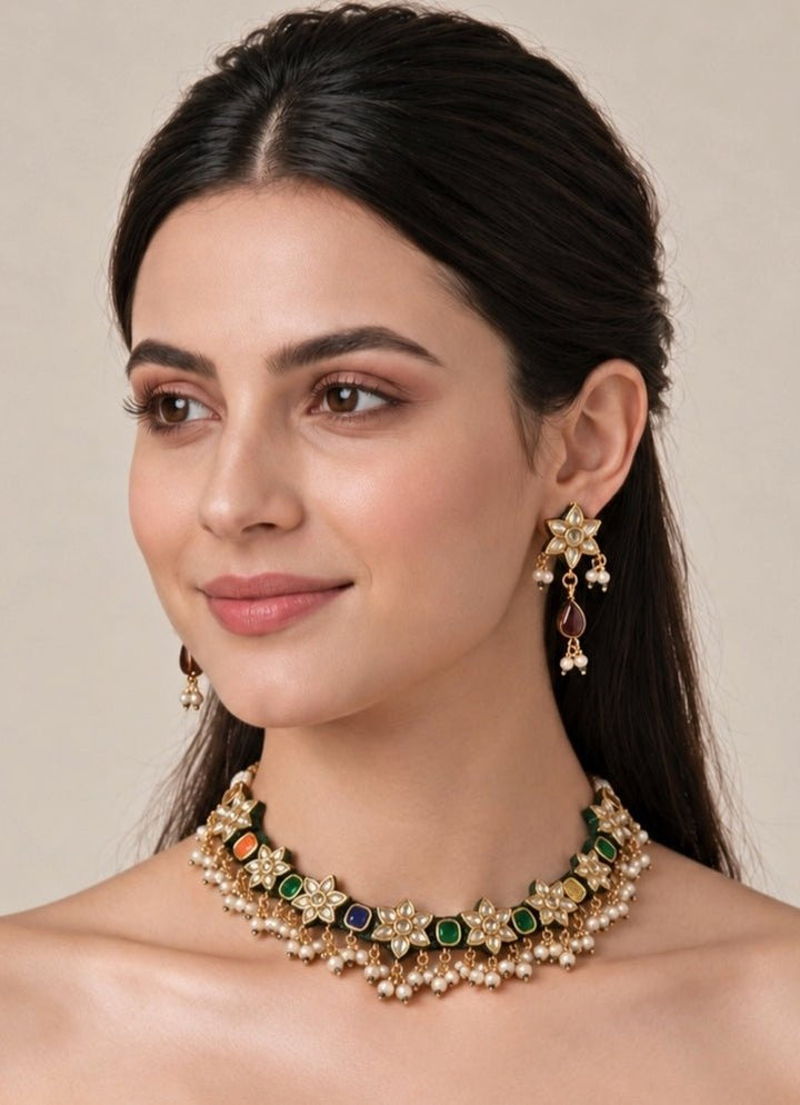 Vivinia By Vidhi Mehra Navratna Multicolour Kundan Floral Necklace SetFabilicious Fashion