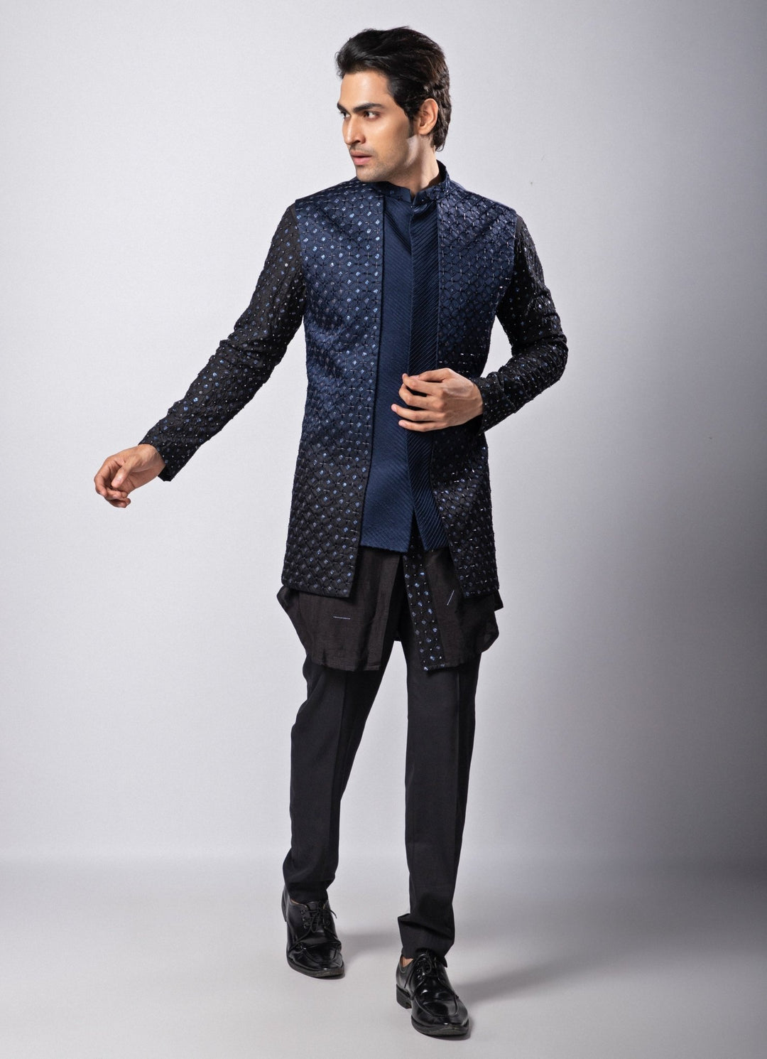 Navy Blue And Black Embroidered Nehru Jacket With Kurta Set