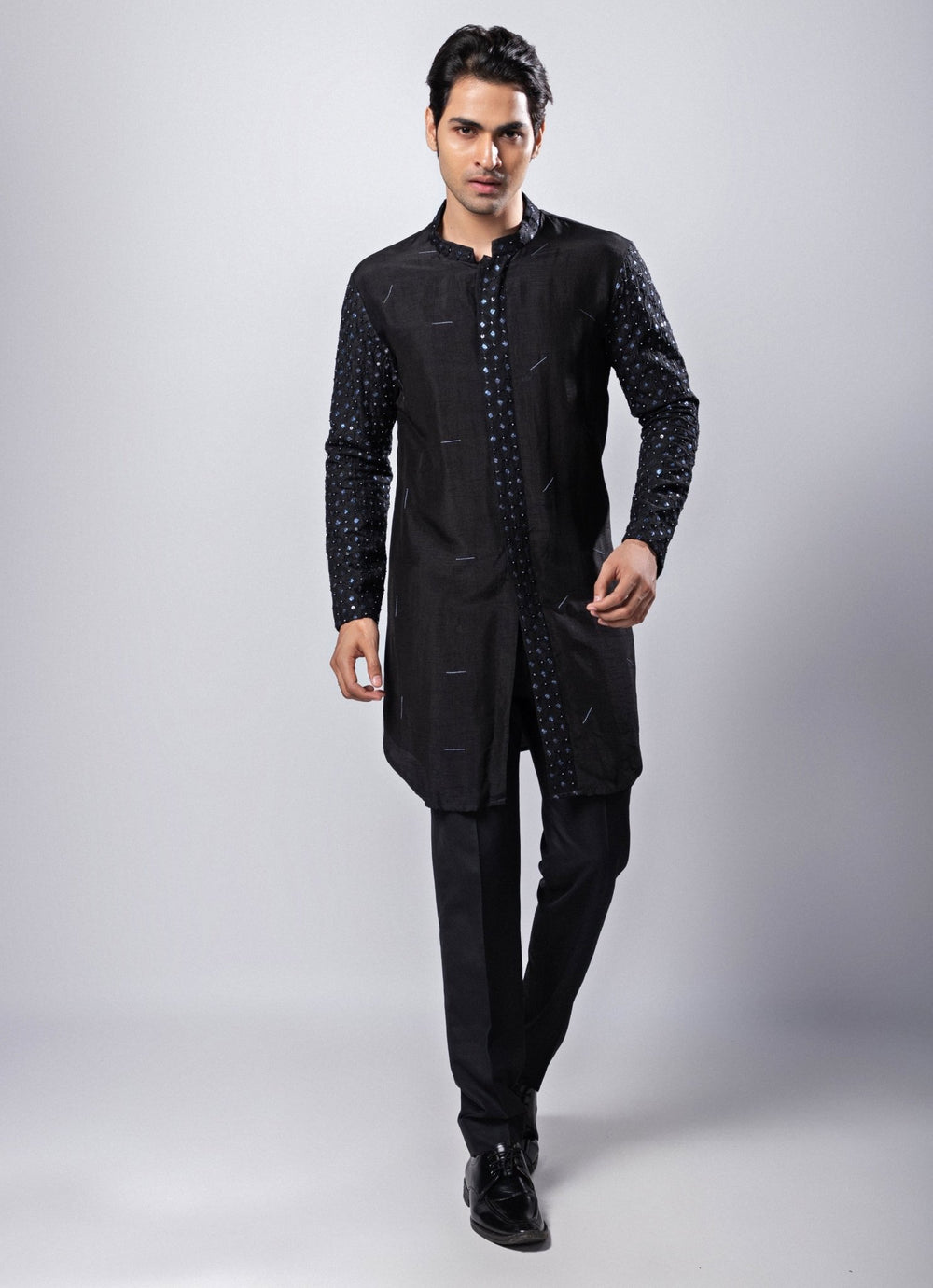 Navy Blue and Black Embroidered Nehru Jacket with Kurta Set Smriti - Fabilicious Fashion