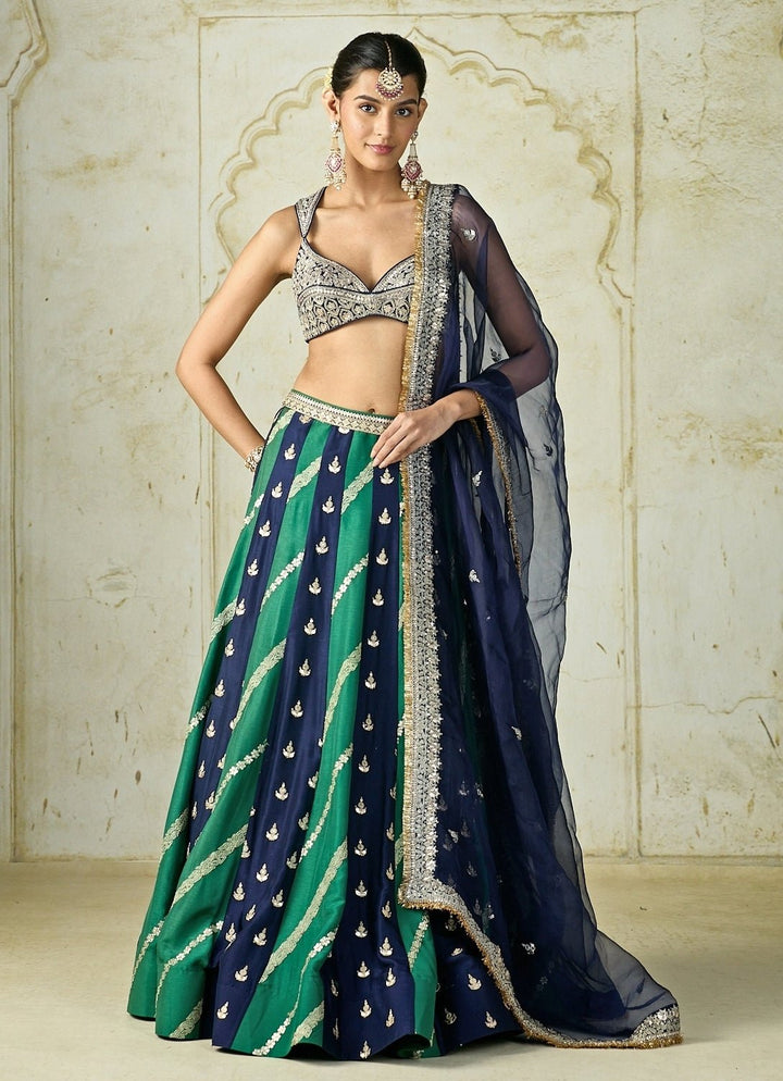 Gopi Vaid Navy Blue And Green Tussar Lehenga SetFabilicious Fashion