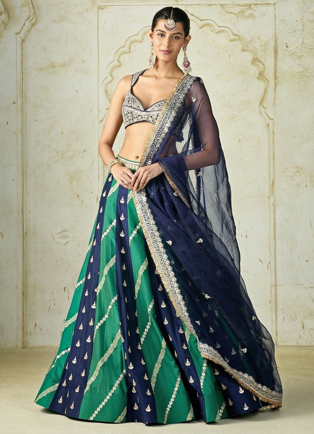 Gopi Vaid Navy Blue And Green Tussar Lehenga SetFabilicious Fashion