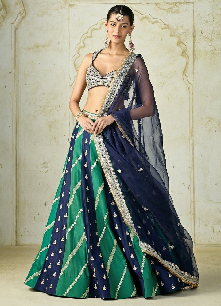 Gopi Vaid Navy Blue And Green Tussar Lehenga SetFabilicious Fashion