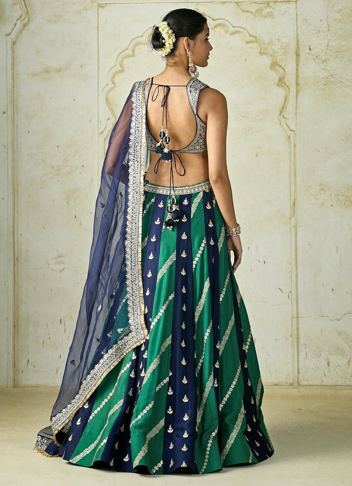 Gopi Vaid Navy Blue And Green Tussar Lehenga SetFabilicious Fashion