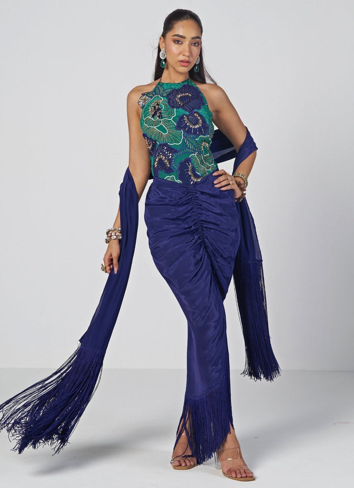 Rishi and Vibhuti Navy Blue And Rama Green Crepe Drape Skirt SetFabilicious Fashion