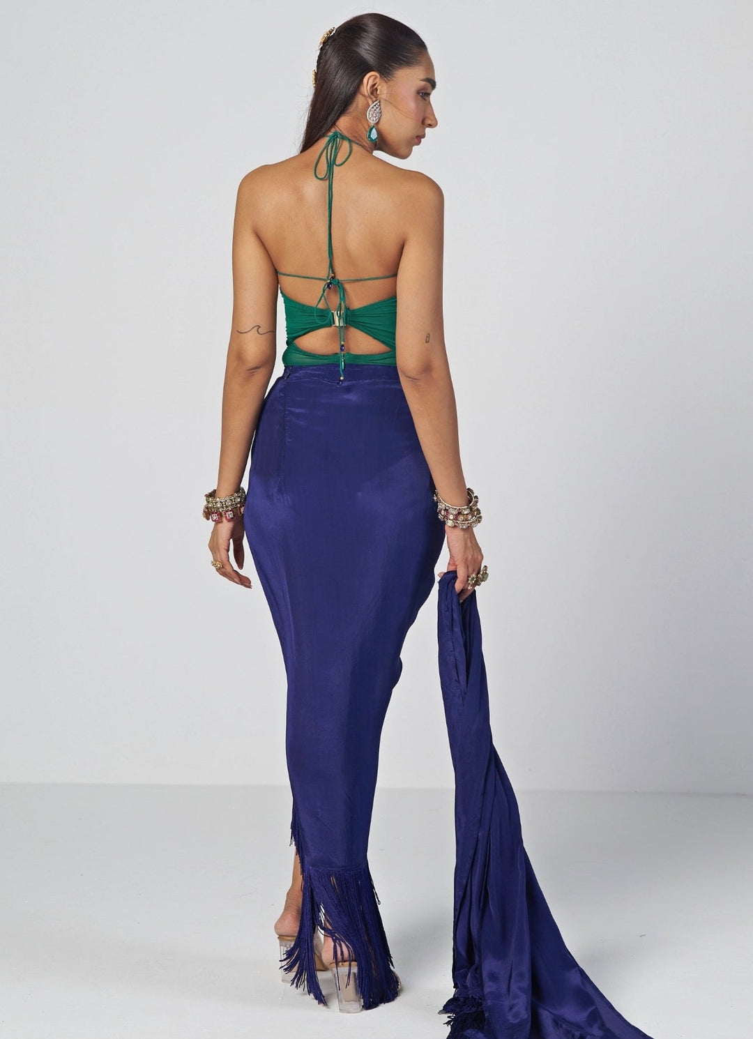 Rishi and Vibhuti Navy Blue And Rama Green Crepe Drape Skirt SetFabilicious Fashion
