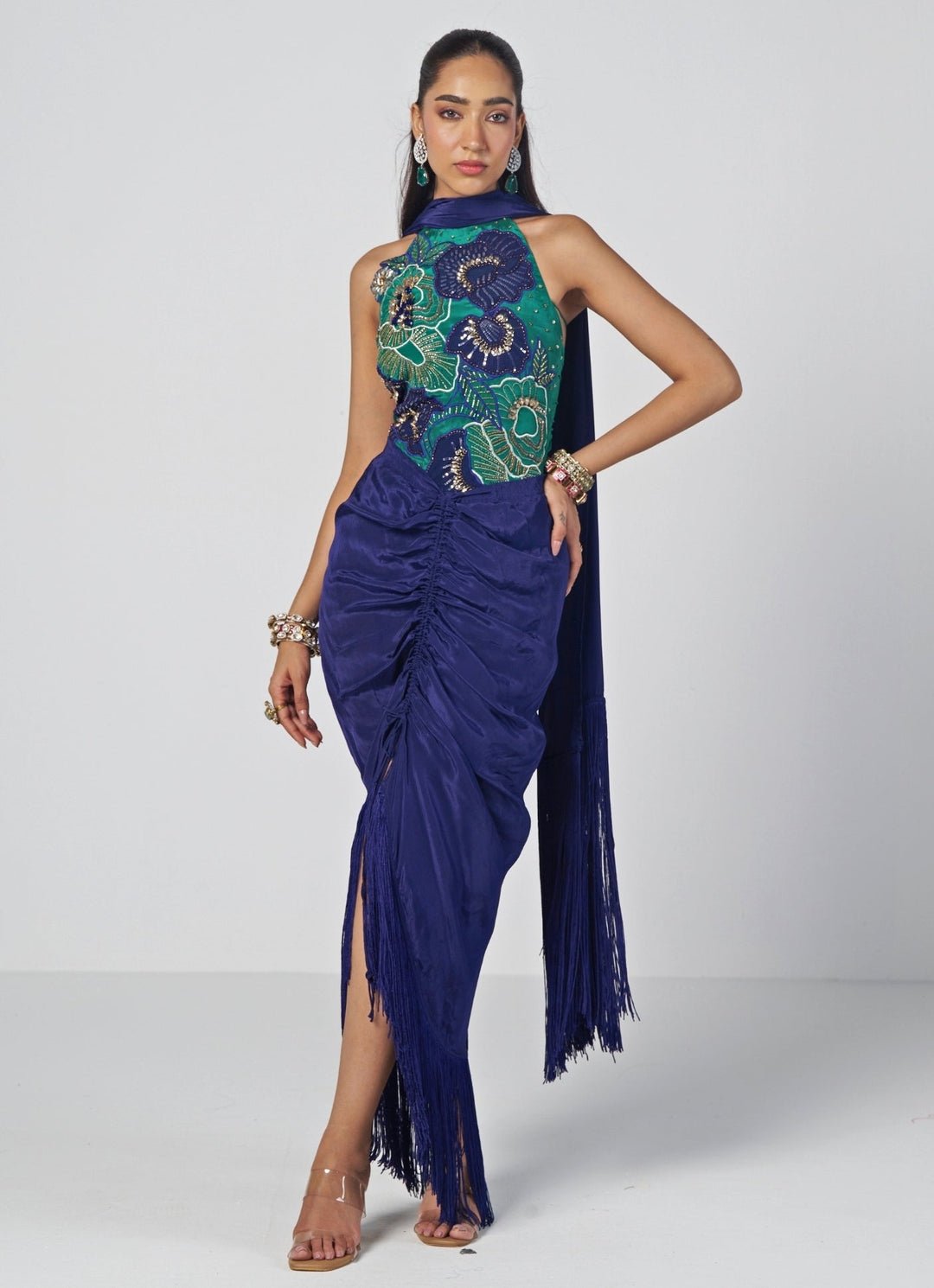 Rishi and Vibhuti Navy Blue And Rama Green Crepe Drape Skirt SetFabilicious Fashion