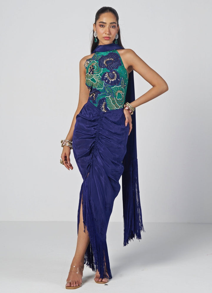 Rishi and Vibhuti Navy Blue And Rama Green Crepe Drape Skirt SetFabilicious Fashion