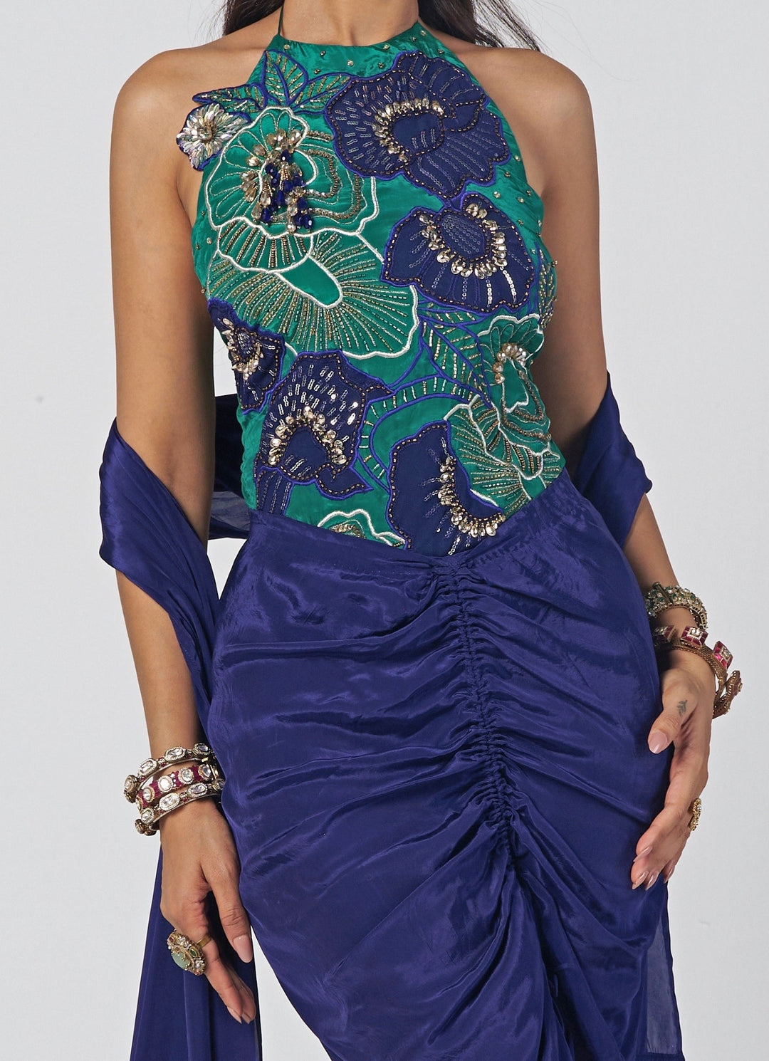 Rishi and Vibhuti Navy Blue And Rama Green Crepe Drape Skirt SetFabilicious Fashion