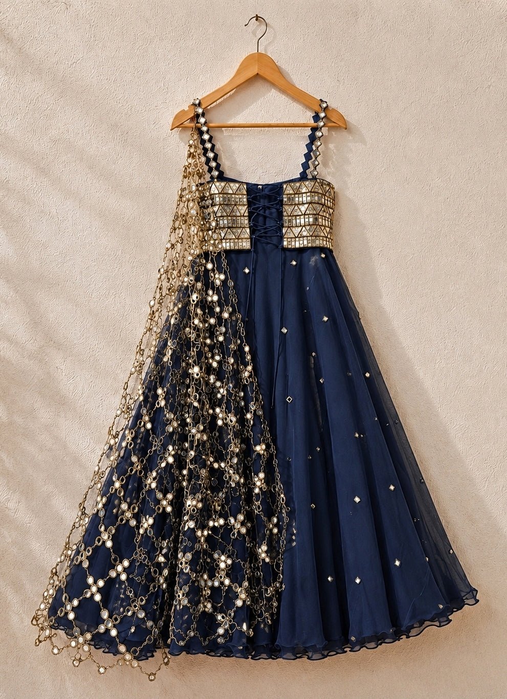 Anisha Shetty Navy Blue and Vintage Gold Organza Lehenga with Corset BlouseFabilicious Fashion