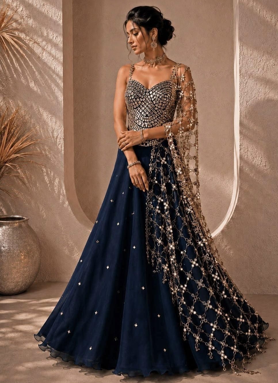 Anisha Shetty Navy Blue and Vintage Gold Organza Lehenga with Corset BlouseFabilicious Fashion