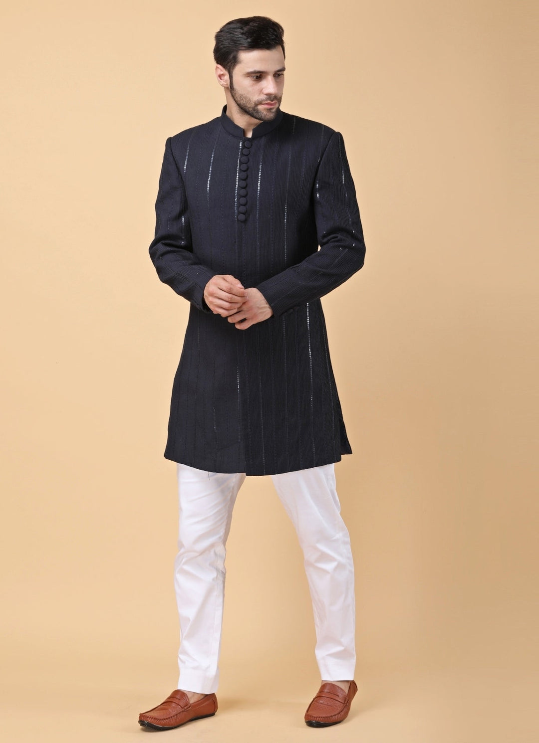 Navy Blue and White Silk Jacket Kurta Set Manish Nagdeo Men - Fabilicious Fashion