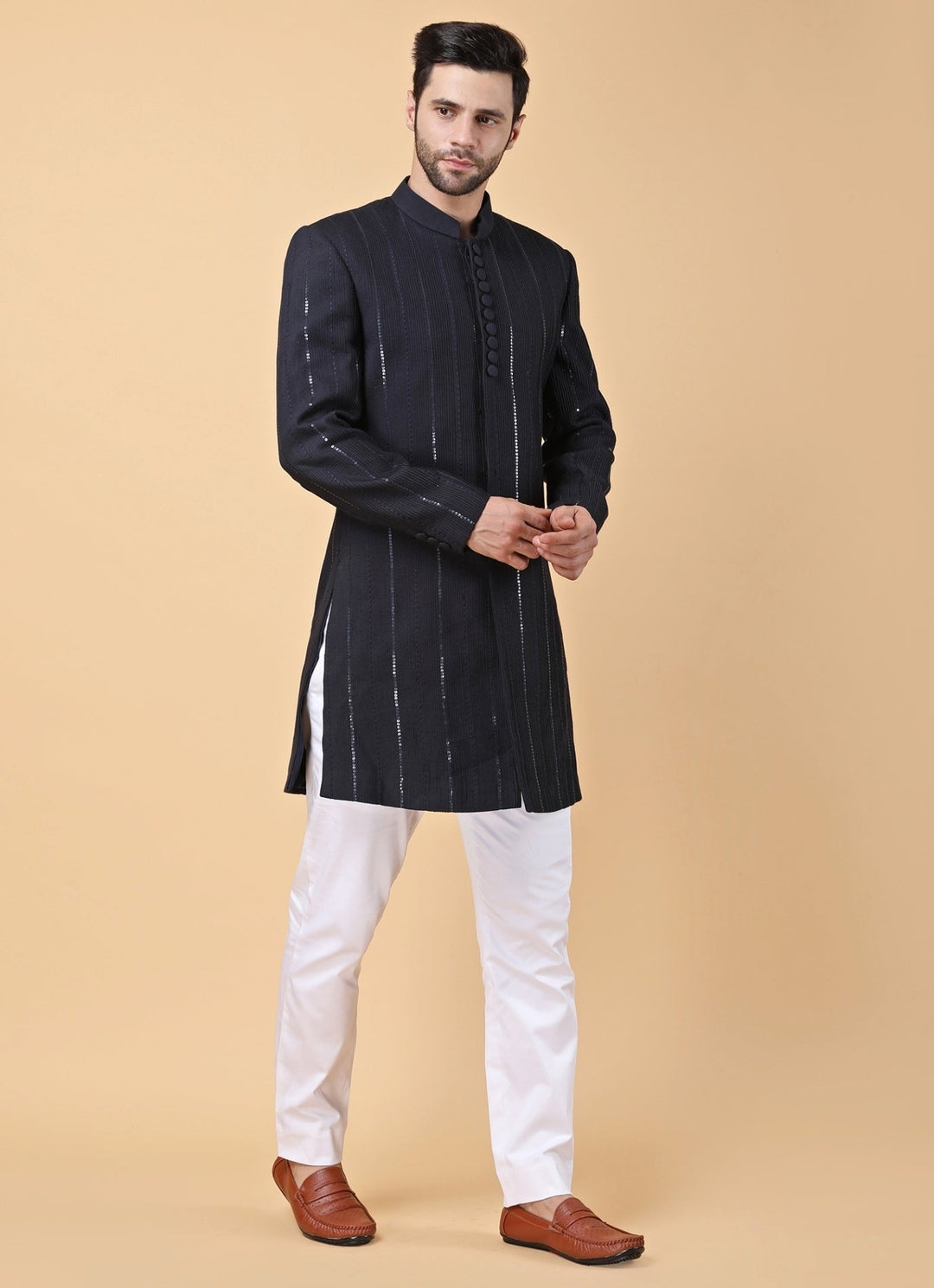 Navy Blue and White Silk Jacket Kurta Set Manish Nagdeo Men - Fabilicious Fashion