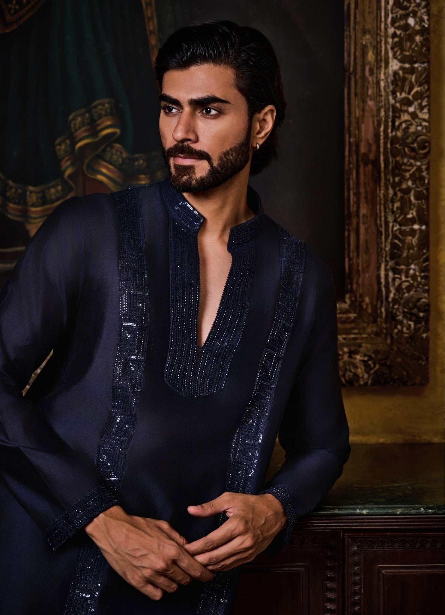 Navy blue chanderi kurta with Nehru jacket set for men — sangeet outfit by Nitika Gujral