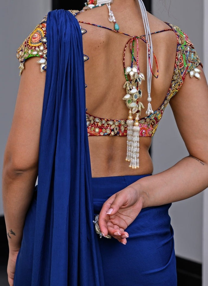 Navy Blue Chiffon Predraped Saree With Sequins Blouse Juhi Bengani - Fabilicious Fashion