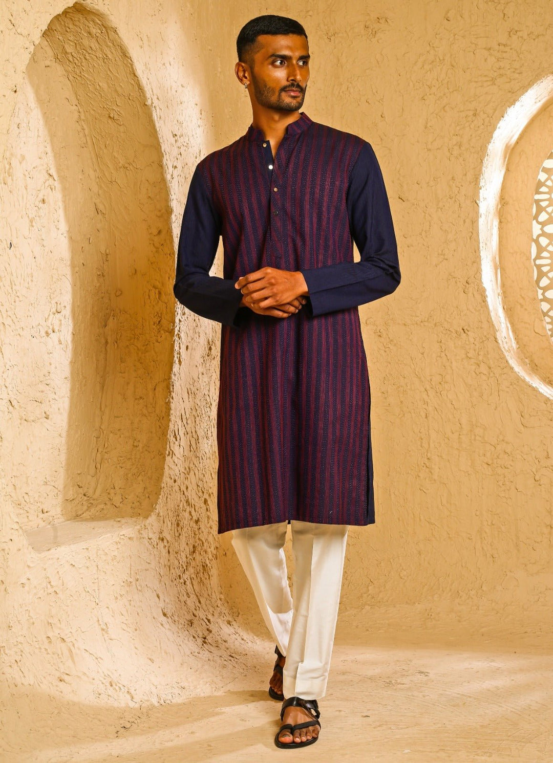 Navy Blue Cotton Silk Kurta Pants Set Chatenya Mittal - Fabilicious Fashion