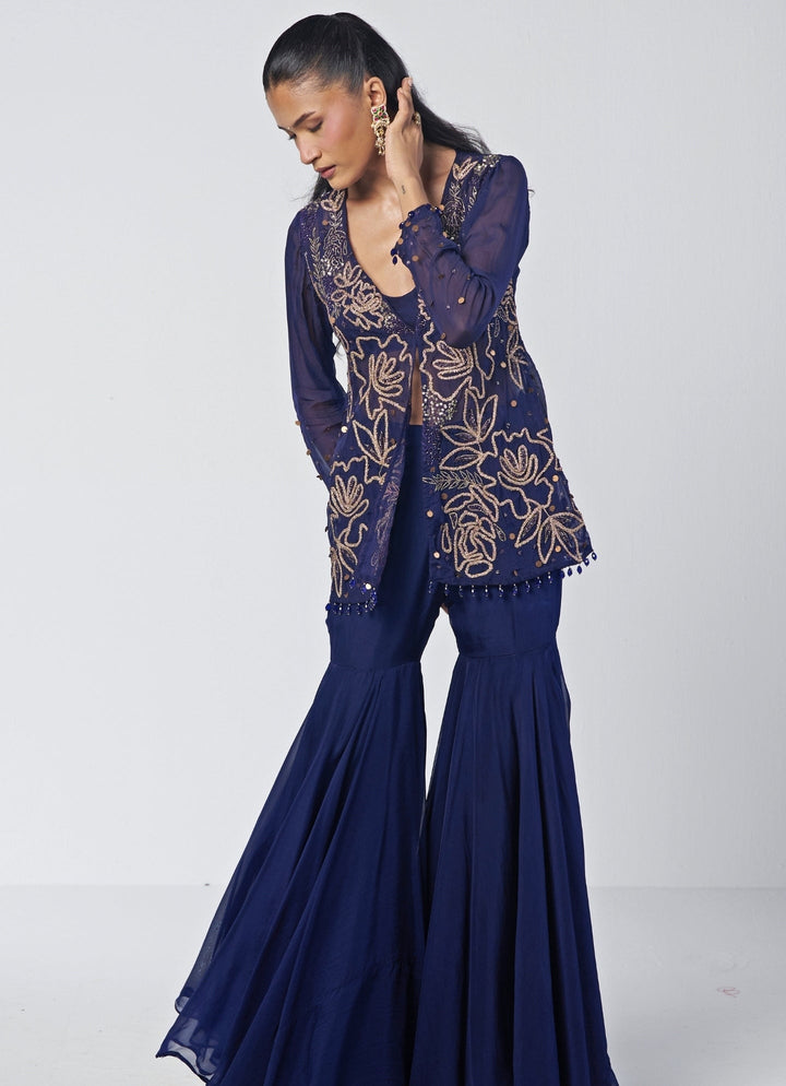 Rishi and Vibhuti Navy Blue Crepe Blouse Sharara Set With JacketFabilicious Fashion