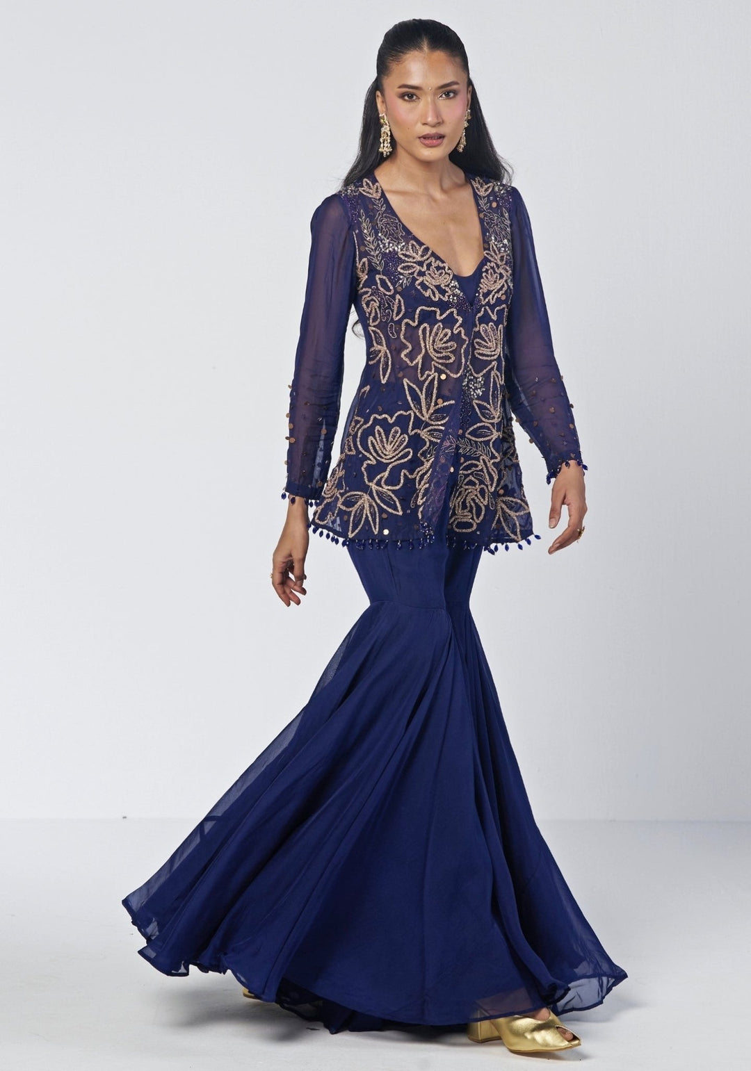 Rishi and Vibhuti Navy Blue Crepe Blouse Sharara Set With JacketFabilicious Fashion