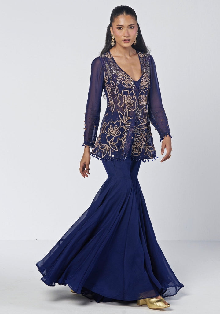 Rishi and Vibhuti Navy Blue Crepe Blouse Sharara Set With JacketFabilicious Fashion