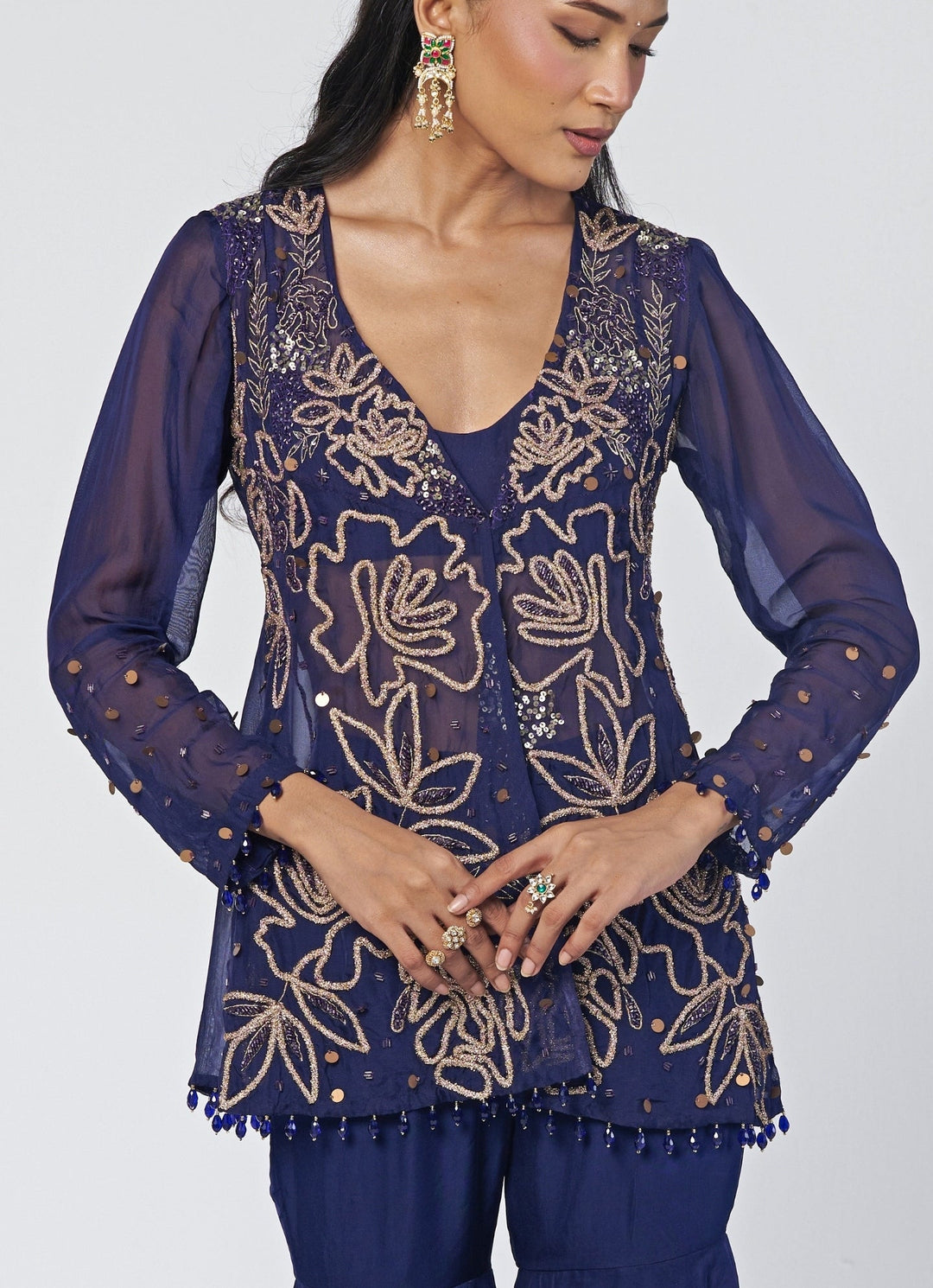 Rishi and Vibhuti Navy Blue Crepe Blouse Sharara Set With JacketFabilicious Fashion
