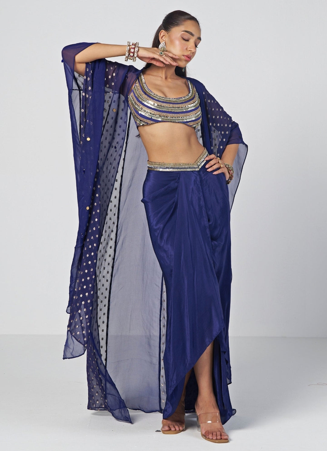 Rishi and Vibhuti Navy Blue Crepe Drape Skirt Set With CapeFabilicious Fashion