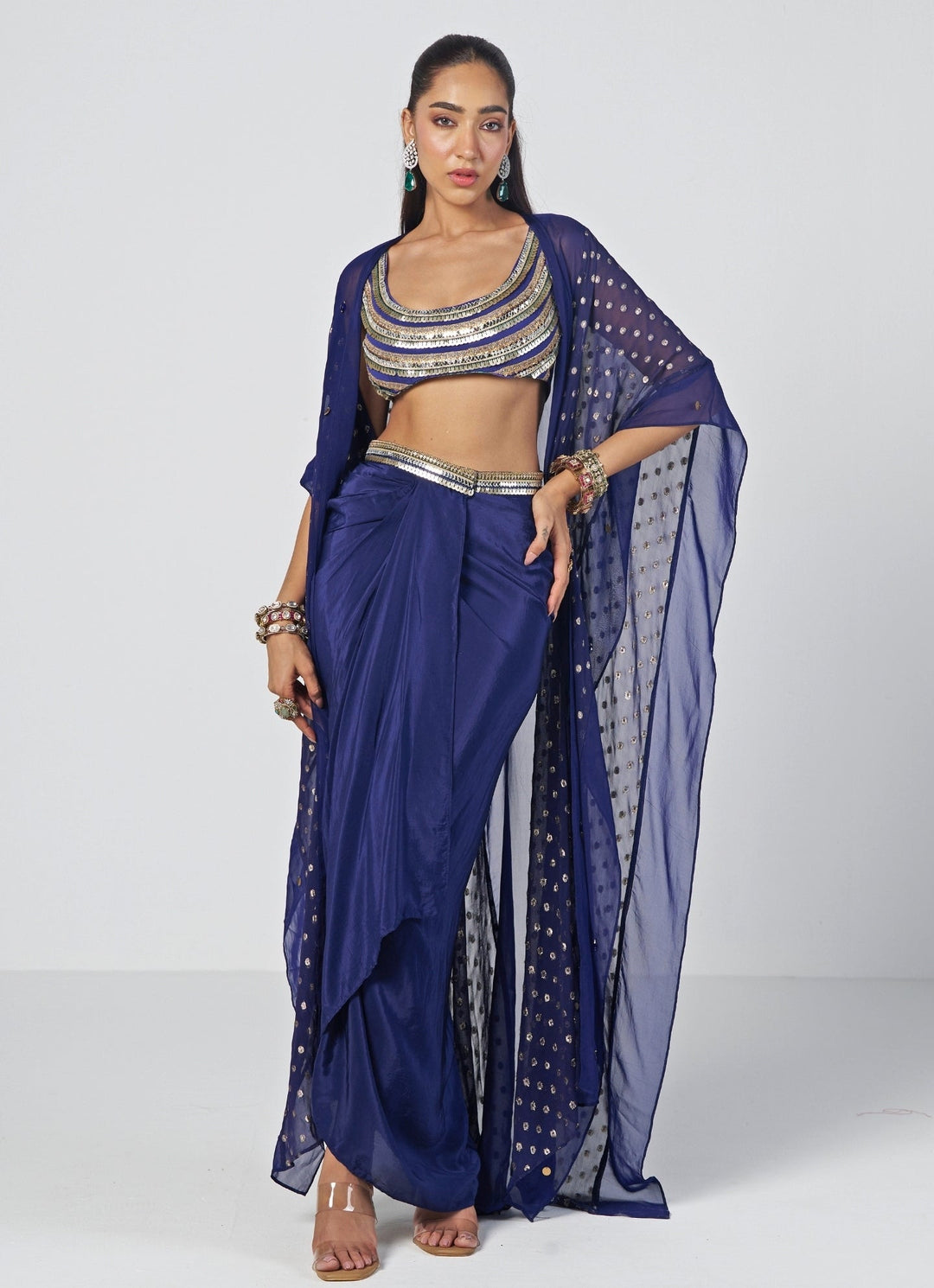 Rishi and Vibhuti Navy Blue Crepe Drape Skirt Set With CapeFabilicious Fashion