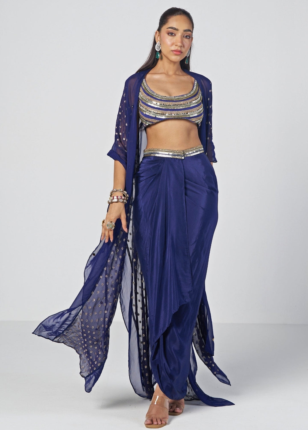Rishi and Vibhuti Navy Blue Crepe Drape Skirt Set With CapeFabilicious Fashion