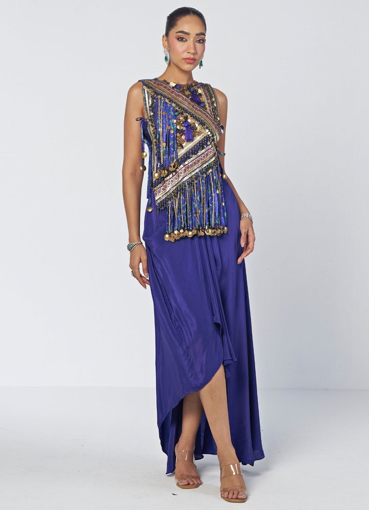 Rishi and Vibhuti Navy Blue Crepe Drape Skirt Set With GiletFabilicious Fashion