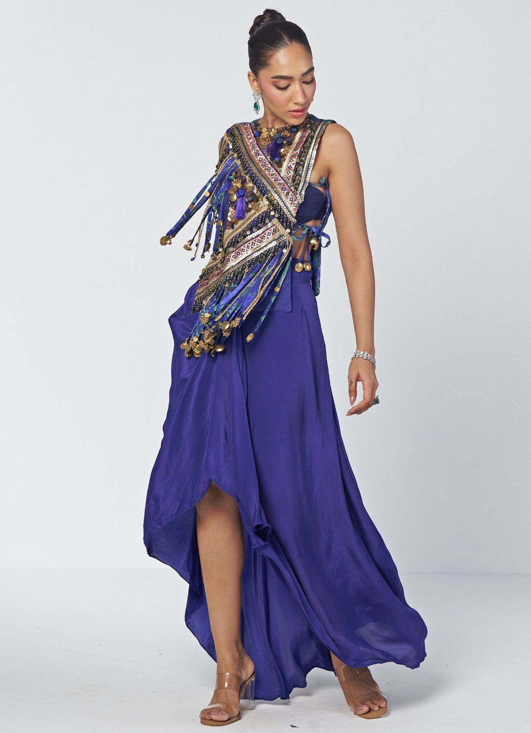 Rishi and Vibhuti Navy Blue Crepe Drape Skirt Set With GiletFabilicious Fashion